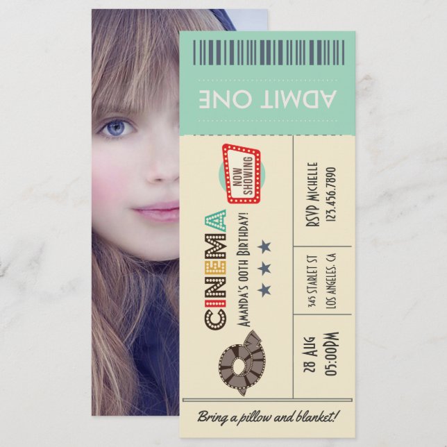 Retro Movie Ticket Geburtstagsparty Foto Einladung (Vorne/Hinten)