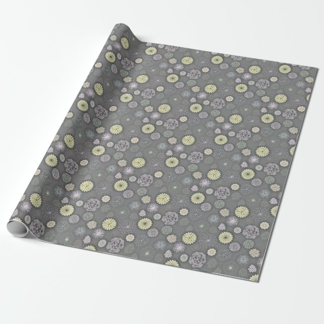 Retro Mums and Daisies on Gray Geschenkpapier (Ungerollt)