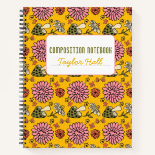 Retro Mushroom Floral Yellow Personalisiertes Note Notizbuch