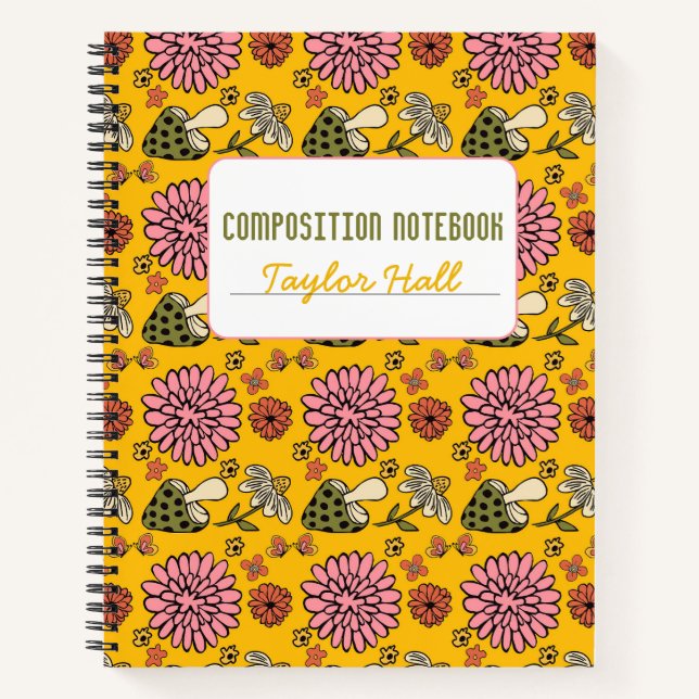 Retro Mushroom Floral Yellow Personalisiertes Note Notizbuch (Vorderseite)