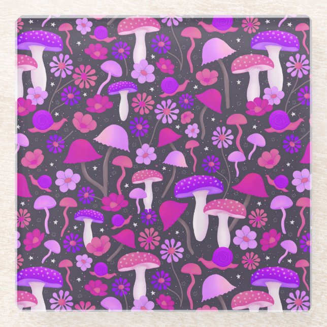 Retro Mushrooms Tripprosa, Lila und schwarz Glasuntersetzer (Vorderseite)