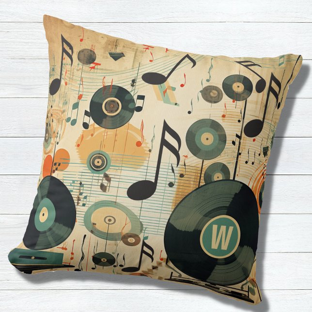 Retro Music Lover's Vinyl Musiknotens Monogram Kissen (Von Creator hochgeladen)