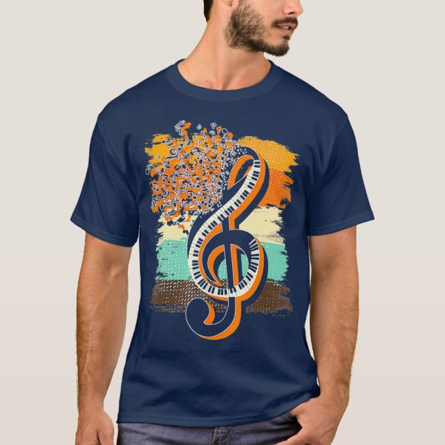 Retro Musician Music Notes Piano Keys Treble T-Shirt (Vorderseite)