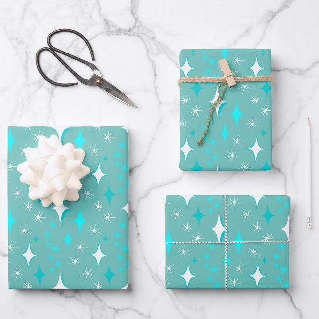 Retro-Muster für Aquamarine und weiße Sterne Geschenkpapier Set (Vorderseite)