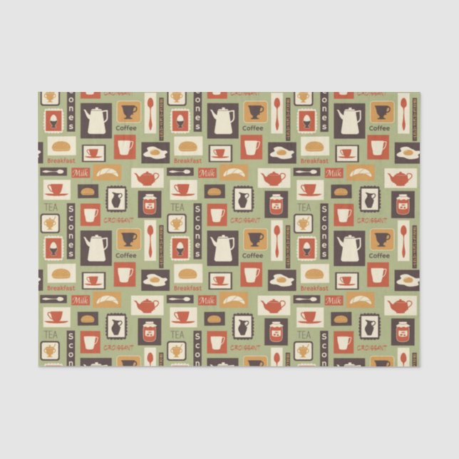 Retro Muster mit Küchen-Geschirr zum Frühstück Seidenpapier (Vorderseite)