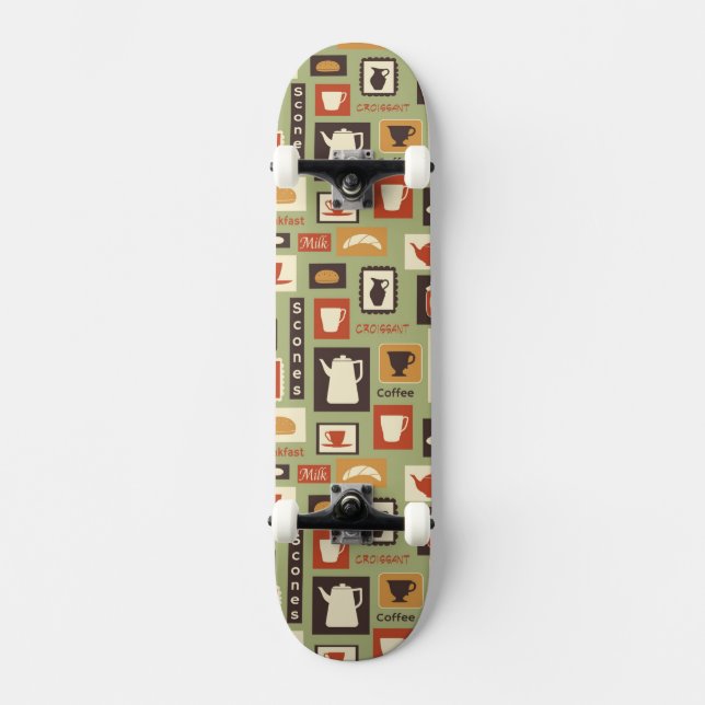 Retro Muster mit Küchen-Geschirr zum Frühstück Skateboard (Vorderseite)