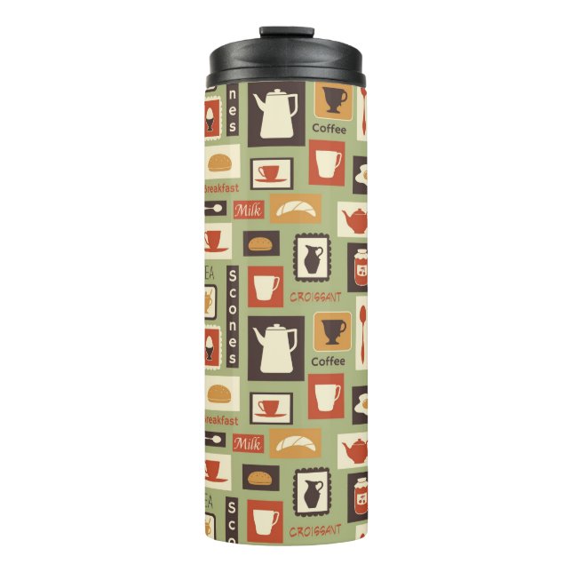 Retro Muster mit Küchen-Geschirr zum Frühstück Thermosbecher (Vorderseite)