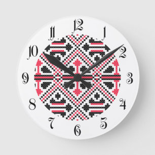 Retro-Muster mit rotem und schwarzem Kreuzstich Runde Wanduhr