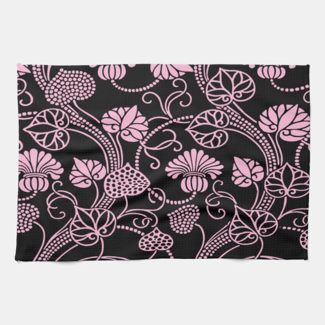 Retro-Muster rosa auf schwarz Geschirrtuch (Horizontal)