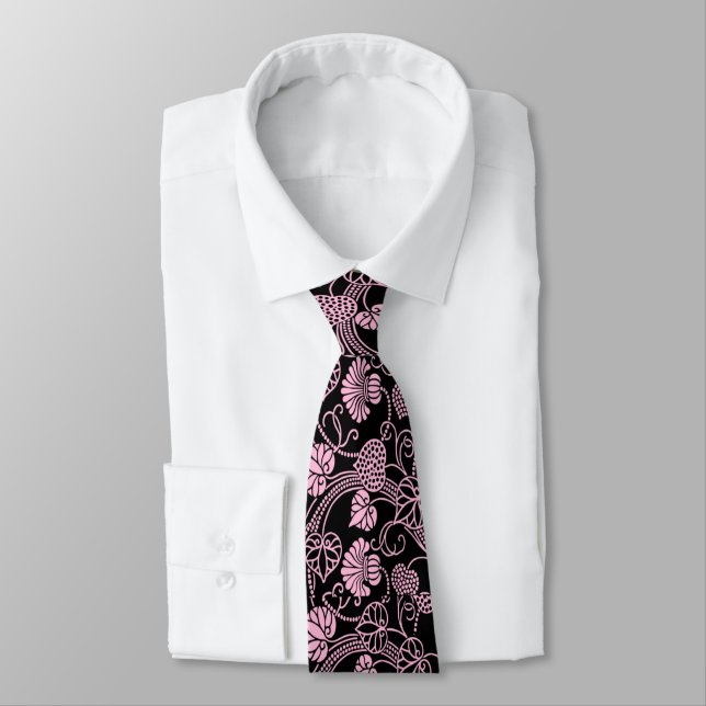 Retro-Muster rosa auf schwarz Krawatte (Gebunden)