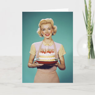 Retro-Mutter hält eine Feier-Torte Einladung