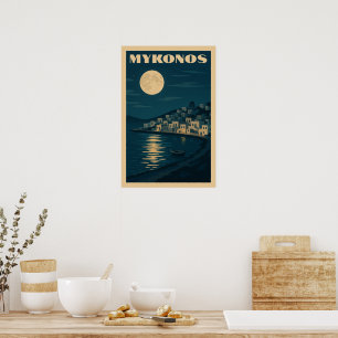 Retro Mykonos Mond Vintage Art Deco Stil Reise Poster