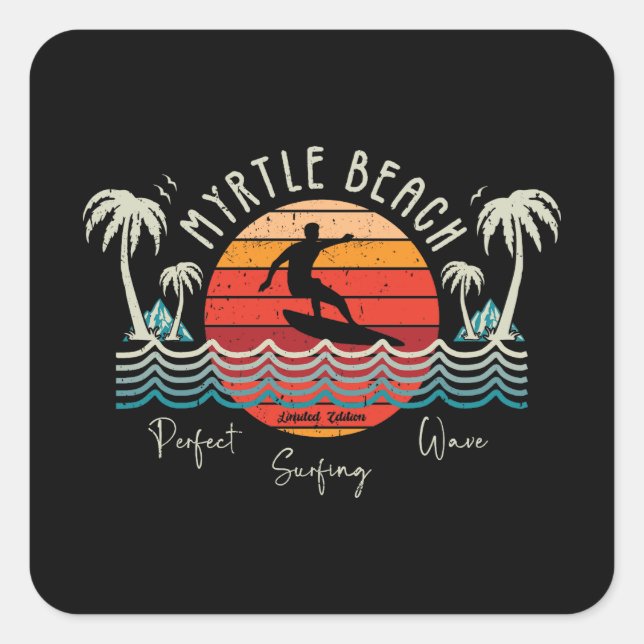 Retro Myrtle Beach Surfing Quadratischer Aufkleber (Vorderseite)