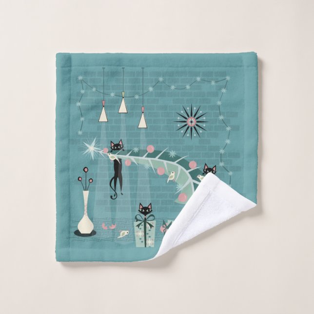 Retro Naughty Kitty Weihnachten Badhandtuch Set (Waschlappen)