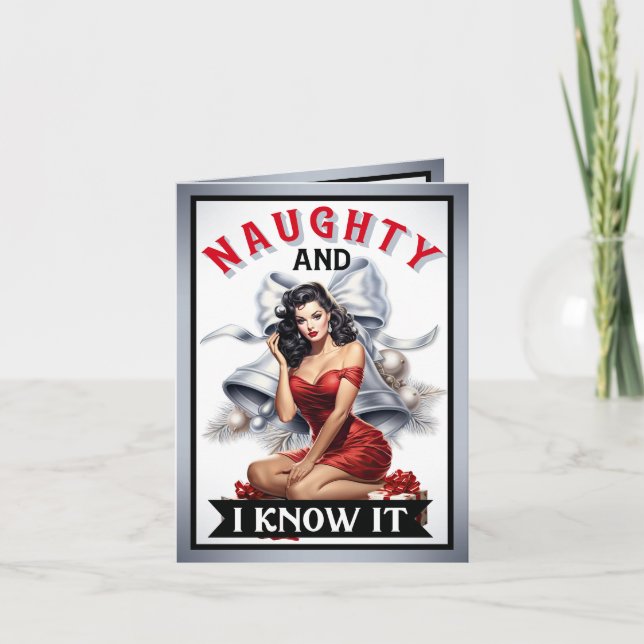 Retro Naughty und ich weiß es Weihnachts Pinup Dankeskarte (Vorderseite)