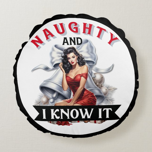 Retro Naughty und ich weiß es Weihnachts Pinup Rundes Kissen (Vorderseite)
