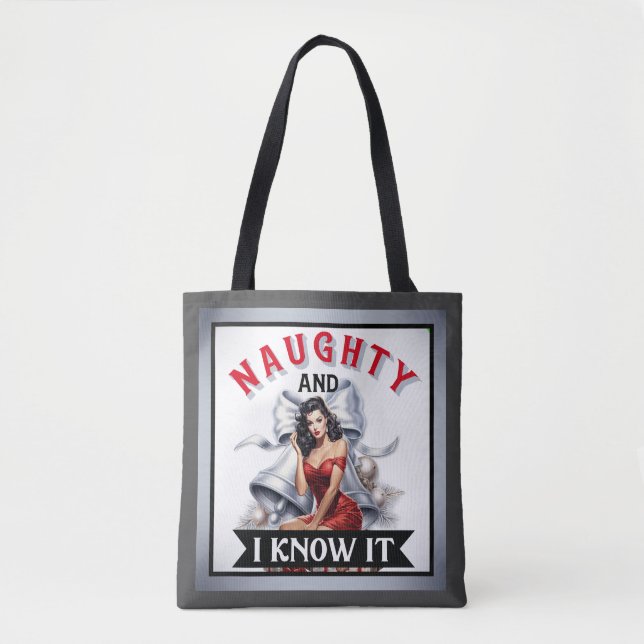 Retro Naughty und ich weiß es Weihnachts Pinup Tasche (Vorderseite)