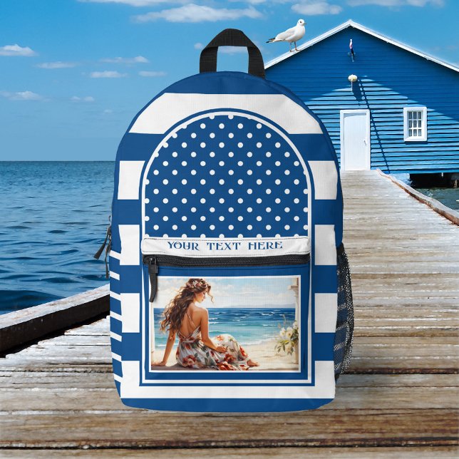 Retro Nautical Navy Stricked Artistic Bedruckter Rucksack (Nautical navy blue and white backpack featuring a striped design with polka dots and your photo)