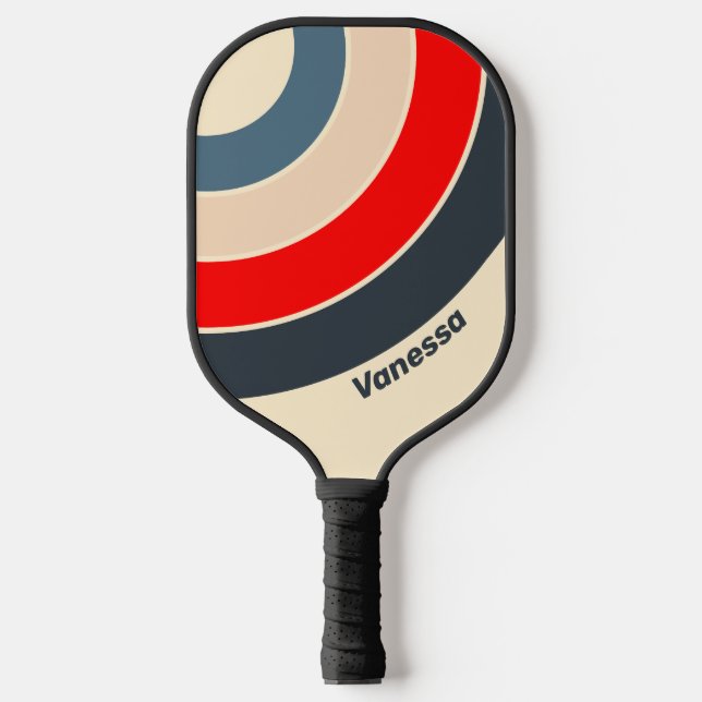 Retro Nautical Rainbow Circle Streifen mit Name Pickleball Schläger (Vorderseite)