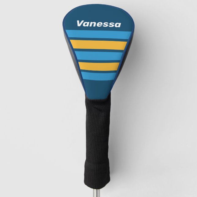 Retro Navy Blue Across Striping with Name Golf Headcover (Vorderseite)