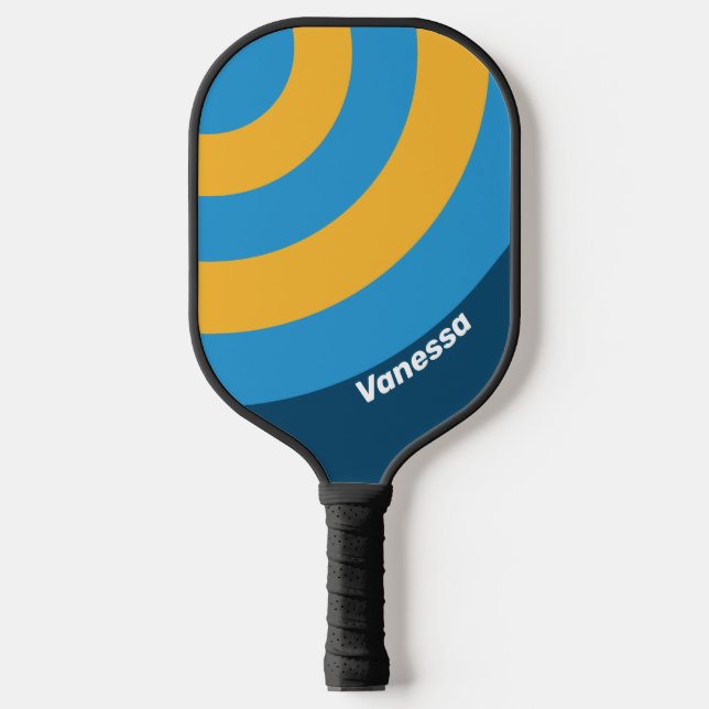 Retro Navy Blue Circle Streifen mit Namen Pickleball Schläger (Vorderseite)