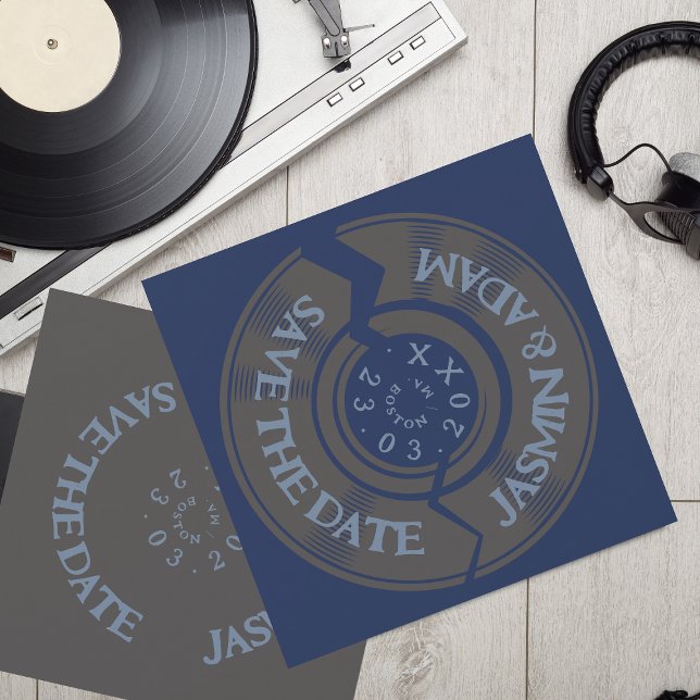Retro Navy Blue Vinyl Record Groovy Wedding Save The Date (Von Creator hochgeladen)