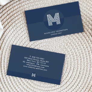 Retro Navy Blue White Geometric Modern Monogram Visitenkarte