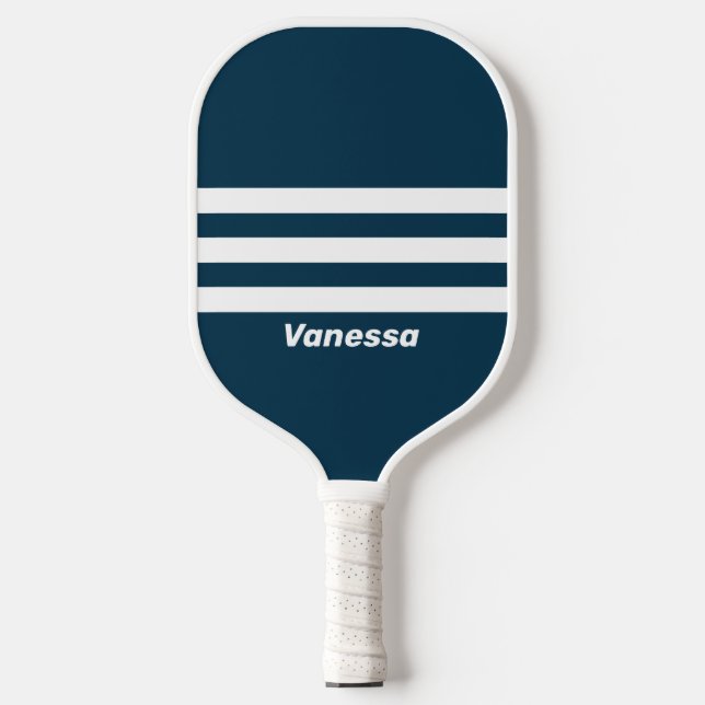 Retro Navy drei durch Streifen mit Namen Pickleball Schläger (Vorderseite)