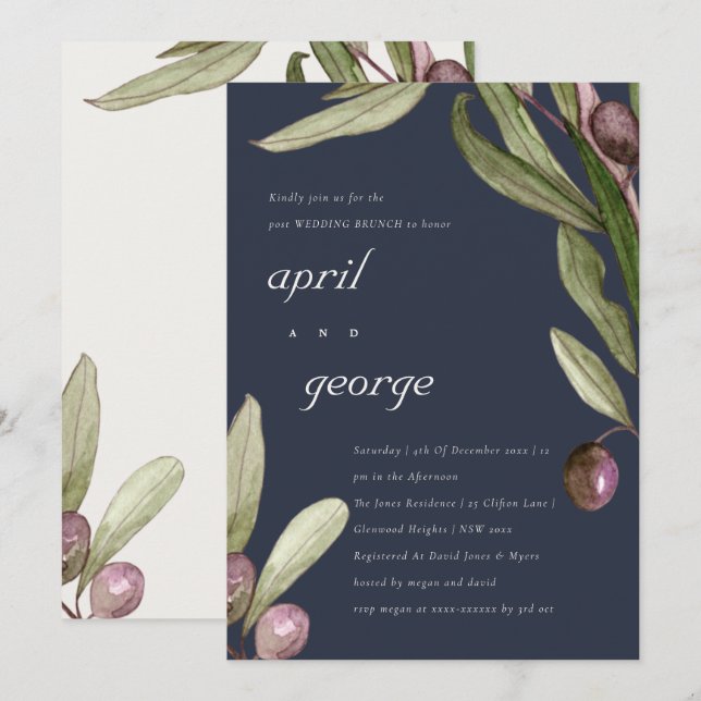 RETRO NAVY OLIVE FOLIAGE POST WEDING BRUNH EINLADU DANKESKARTE (Vorne/Hinten)