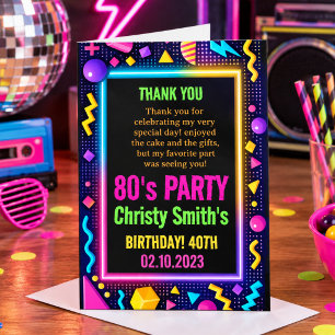 Retro-Neon-80er-Geburtstagsfeier für Erwachsene Dankeskarte