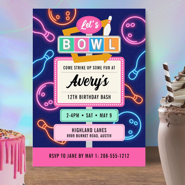 Retro Neon Bowling Einladung für Mädchen zum Gebur (Retro Neon Glow Bowling Birthday Invitation For Girls)