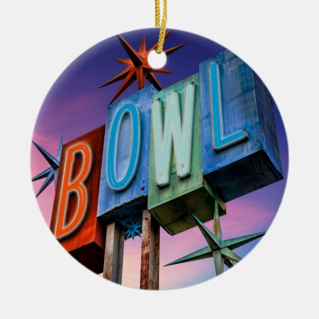 Retro Neon Bowling-Zeichen Keramik Ornament (Vorne)