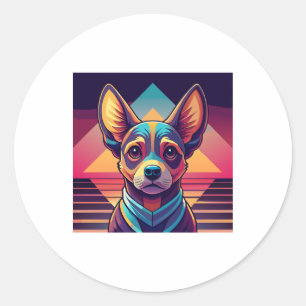 Retro Neon Chihuahua � Lebendige Synthwave-Hundeku Runder Aufkleber