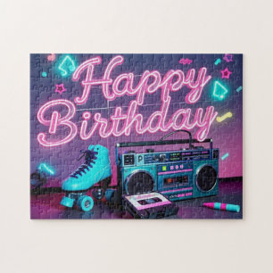 Retro Neon Happy Birthday Schild in rosa und aquam
