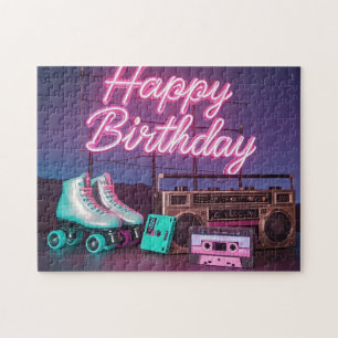 Retro Neon Happy Birthday Schild in rosa und aquam