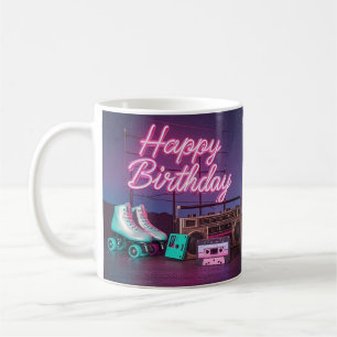 Retro Neon Happy Birthday Schild in rosa und aquam Kaffeetasse