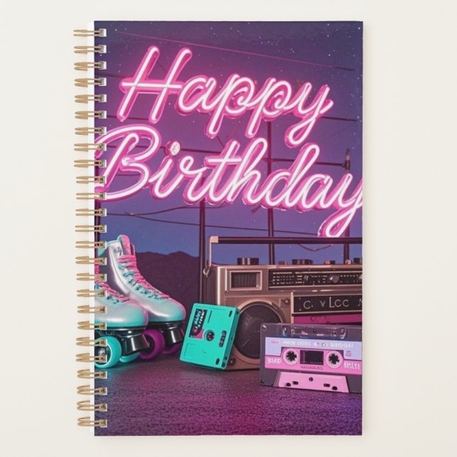 Retro Neon Happy Birthday Schild in rosa und aquam Planer (Vorderseite)