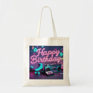 Retro Neon Happy Birthday Schild in rosa und aquam Tragetasche