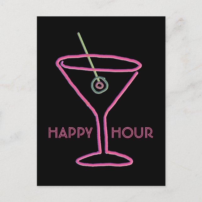 Retro Neon Martini Happy Hour Postkarte (Vorderseite)
