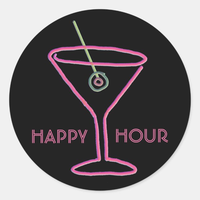 Retro Neon Martini Happy Hour Stickers (Vorderseite)