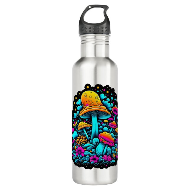 Retro-Neon-Pilze und Blume Edelstahlflasche (Vorderseite)