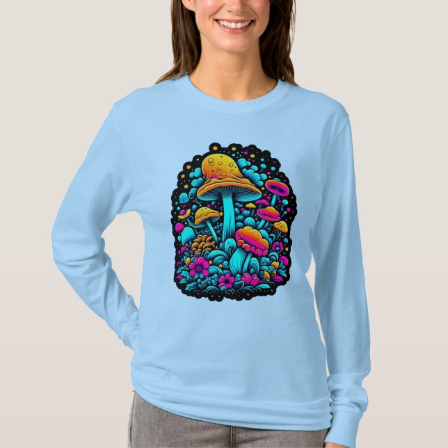 Retro-Neon-Pilze und Blume T-Shirt (Vorderseite)