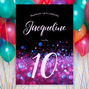 Retro Neon Pink Glitzer Glow Script 10. Geburtstag Einladung