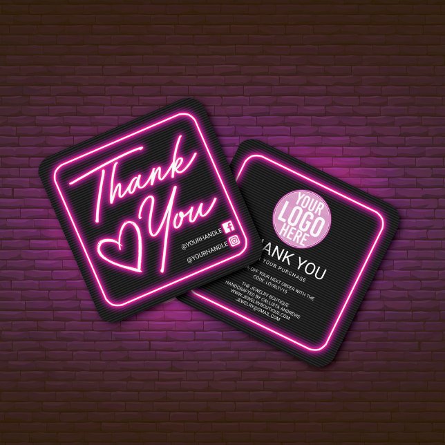 Retro Neon Pink Lightning Kunde Vielen Dank Quadratische Visitenkarte (Von Creator hochgeladen)