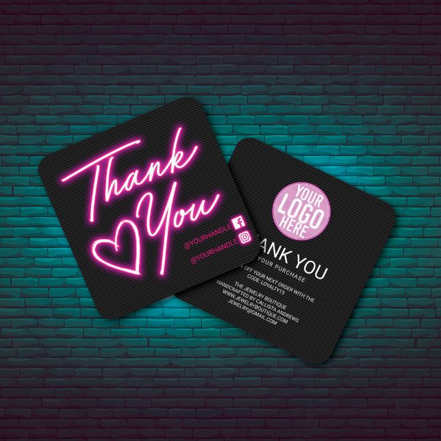 Retro Neon Pink Lights Kunde Vielen Dank Square B Quadratische Visitenkarte (Von Creator hochgeladen)