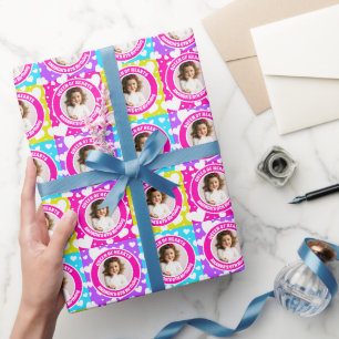 Retro Neon Queen of Hearts Birthday Foto Geschenkpapier