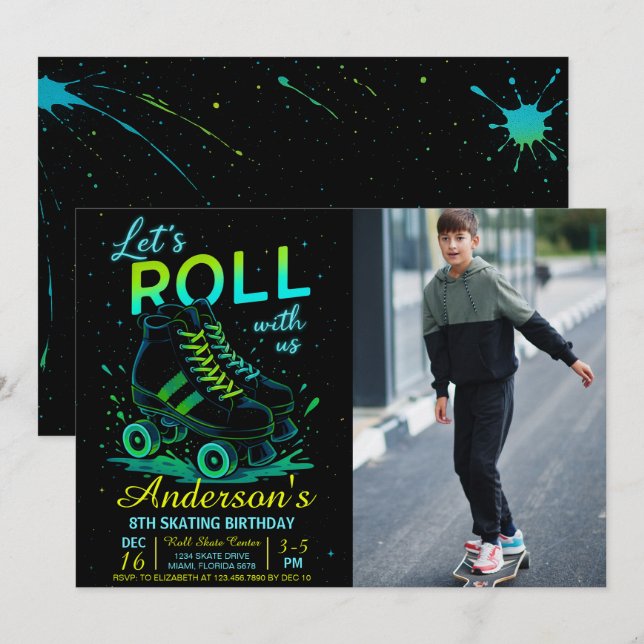 Retro Neon Roller Skate Birthday Photo Einladung (Vorne/Hinten)