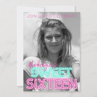 Retro Neon Sign mit Schwarz-Weiß Foto Sweet 16 Einladung