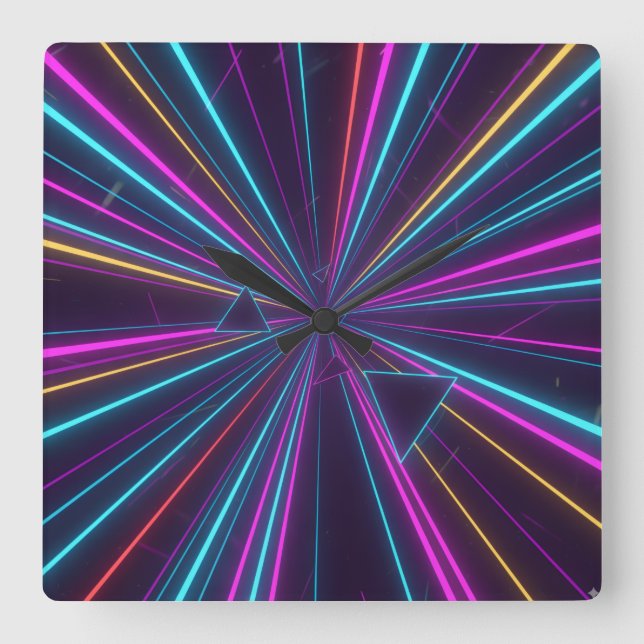 Retro Neon Wall Clock - 80er Futuristic Design Quadratische Wanduhr (Vorderseite)
