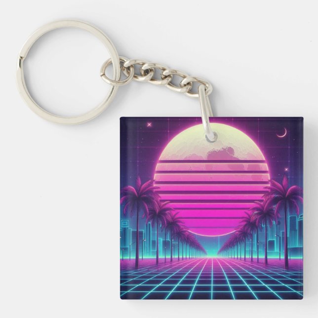 Retro, Neonmoon/Palmen im 80er Schlüsselanhänger (Vorderseite)